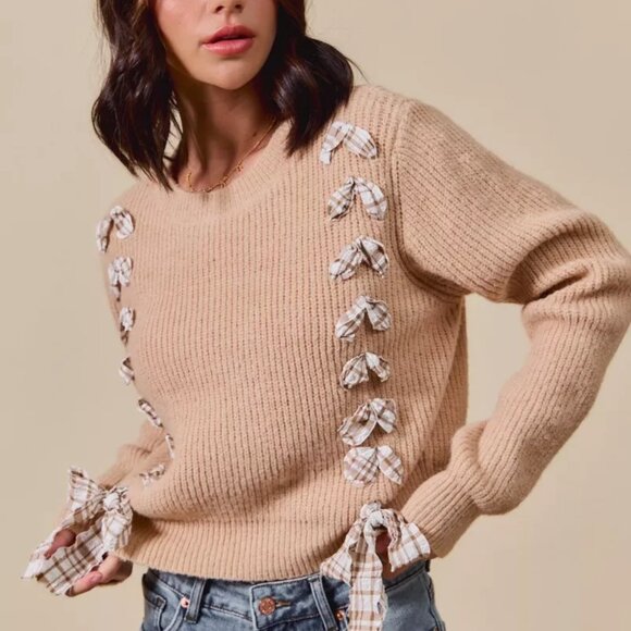 SO ME Checkered Plaid Tape Lace Up Ribbed‎ Sweater - Picture 13 of 16